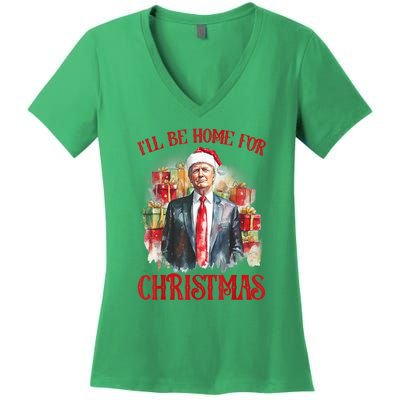 Funny Xmas Santa Claus Ill Be Home For Christmas 2024 Gift Women's V-Neck T-Shirt