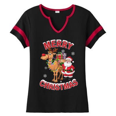 Festive Xmas Santa On Marry Christmas Camel Ladies Halftime Notch Neck Tee