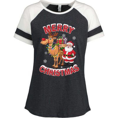 Festive Xmas Santa On Marry Christmas Camel Enza Ladies Jersey Colorblock Tee