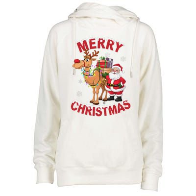 Festive Xmas Santa On Marry Christmas Camel Womens Funnel Neck Pullover Hood