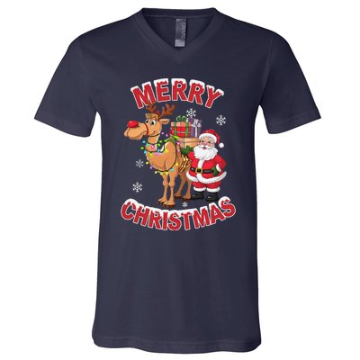 Festive Xmas Santa On Marry Christmas Camel V-Neck T-Shirt