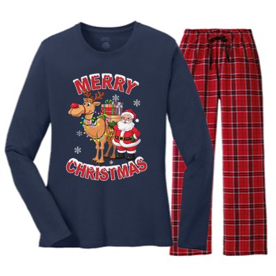 Festive Xmas Santa On Marry Christmas Camel Women's Long Sleeve Flannel Pajama Set 