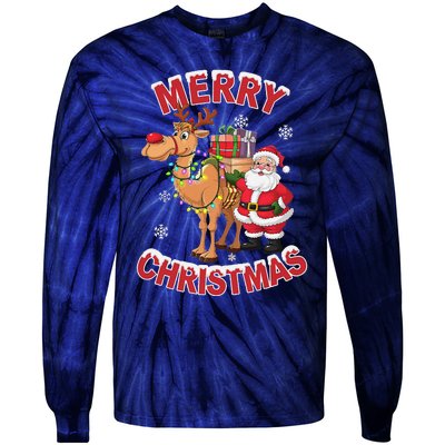 Festive Xmas Santa On Marry Christmas Camel Tie-Dye Long Sleeve Shirt