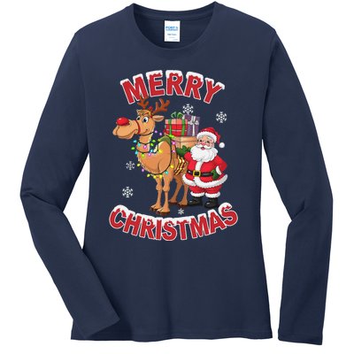 Festive Xmas Santa On Marry Christmas Camel Ladies Long Sleeve Shirt