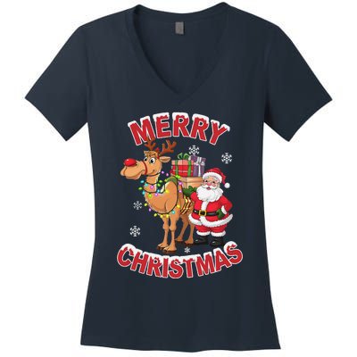 Festive Xmas Santa On Marry Christmas Camel Women's V-Neck T-Shirt