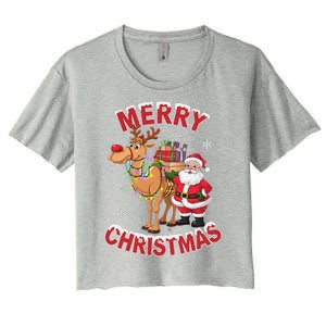 Festive Xmas Santa On Marry Christmas Camel Women's Crop Top Tee