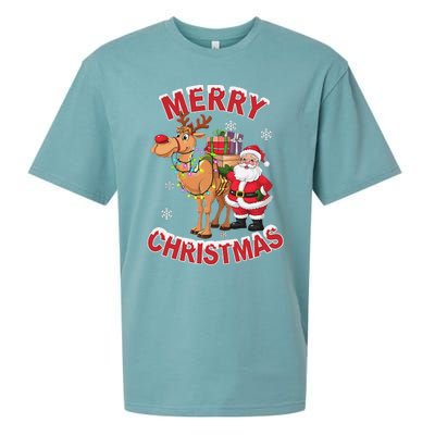 Festive Xmas Santa On Marry Christmas Camel Sueded Cloud Jersey T-Shirt