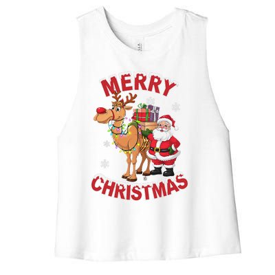 Festive Xmas Santa On Marry Christmas Camel Women's Racerback Cropped Tank