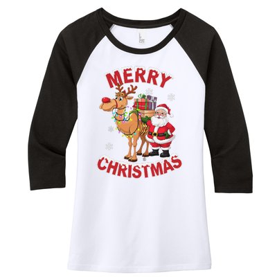 Festive Xmas Santa On Marry Christmas Camel Women's Tri-Blend 3/4-Sleeve Raglan Shirt