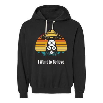 Funny XRP UFO Encounter Retro Sunset Ripple Cryptocurrency Funny Ripple XRP Garment-Dyed Fleece Hoodie