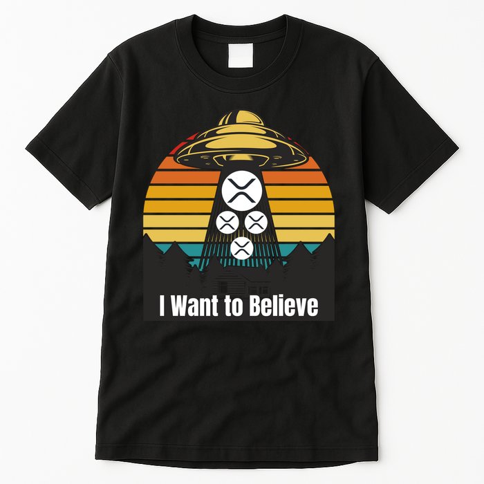 Funny XRP UFO Encounter Retro Sunset Ripple Cryptocurrency Funny Ripple XRP Tall T-Shirt