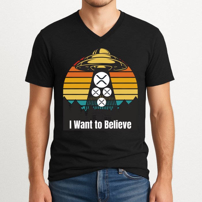 Funny XRP UFO Encounter Retro Sunset Ripple Cryptocurrency Funny Ripple XRP V-Neck T-Shirt