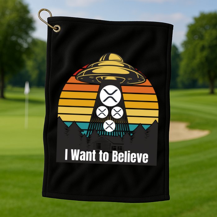 Funny XRP UFO Encounter Retro Sunset Ripple Cryptocurrency Funny Ripple XRP Golf Towel