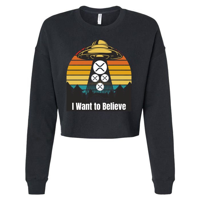 Funny XRP UFO Encounter Retro Sunset Ripple Cryptocurrency Funny Ripple XRP Cropped Pullover Crew
