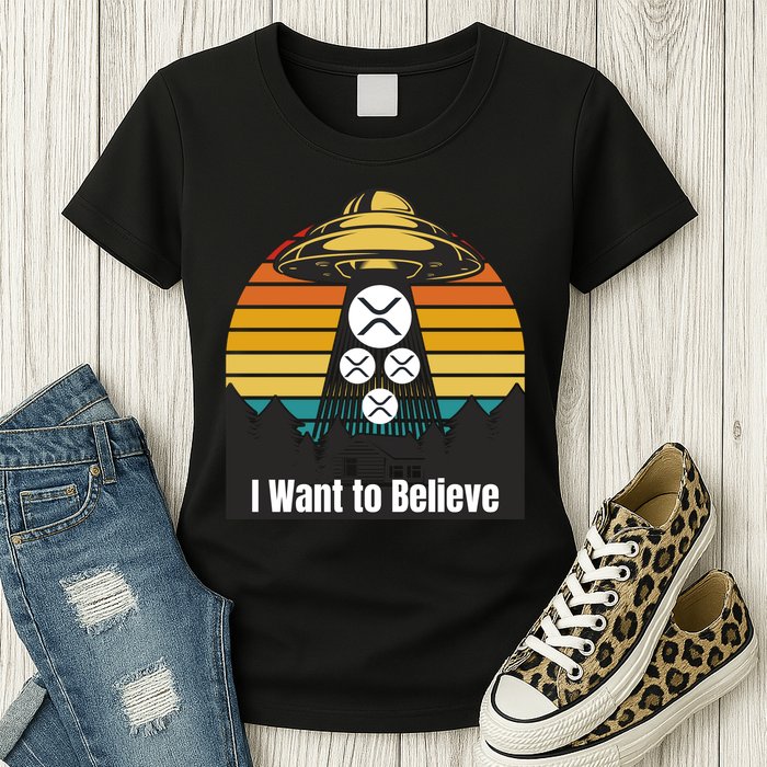 Funny XRP UFO Encounter Retro Sunset Ripple Cryptocurrency Funny Ripple XRP Womens T-Shirt