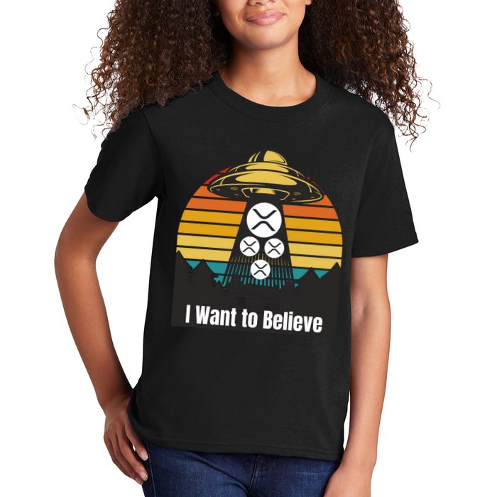 Funny XRP UFO Encounter Retro Sunset Ripple Cryptocurrency Funny Ripple XRP Kids T-Shirt