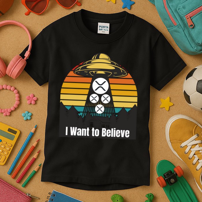 Funny XRP UFO Encounter Retro Sunset Ripple Cryptocurrency Funny Ripple XRP Kids T-Shirt