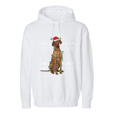 Funny Xmas Vizsla Dog Lover Santa Hat Ugly Vizsla Christmas Cool Gift Garment-Dyed Fleece Hoodie