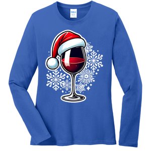 Funny Xmas Wine Glass Santa Hat And Snowflakes Christmas Gift Ladies Long Sleeve Shirt