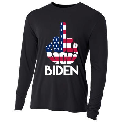 Fuck You Biden Middle Finger American Flag Cooling Performance Long Sleeve Crew