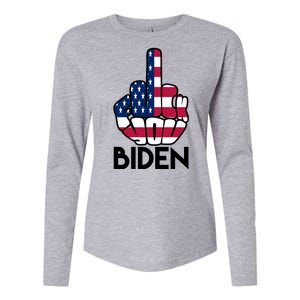 Fuck You Biden Middle Finger American Flag Womens Cotton Relaxed Long Sleeve T-Shirt