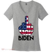 Fuck You Biden Middle Finger American Flag Women's V-Neck T-Shirt