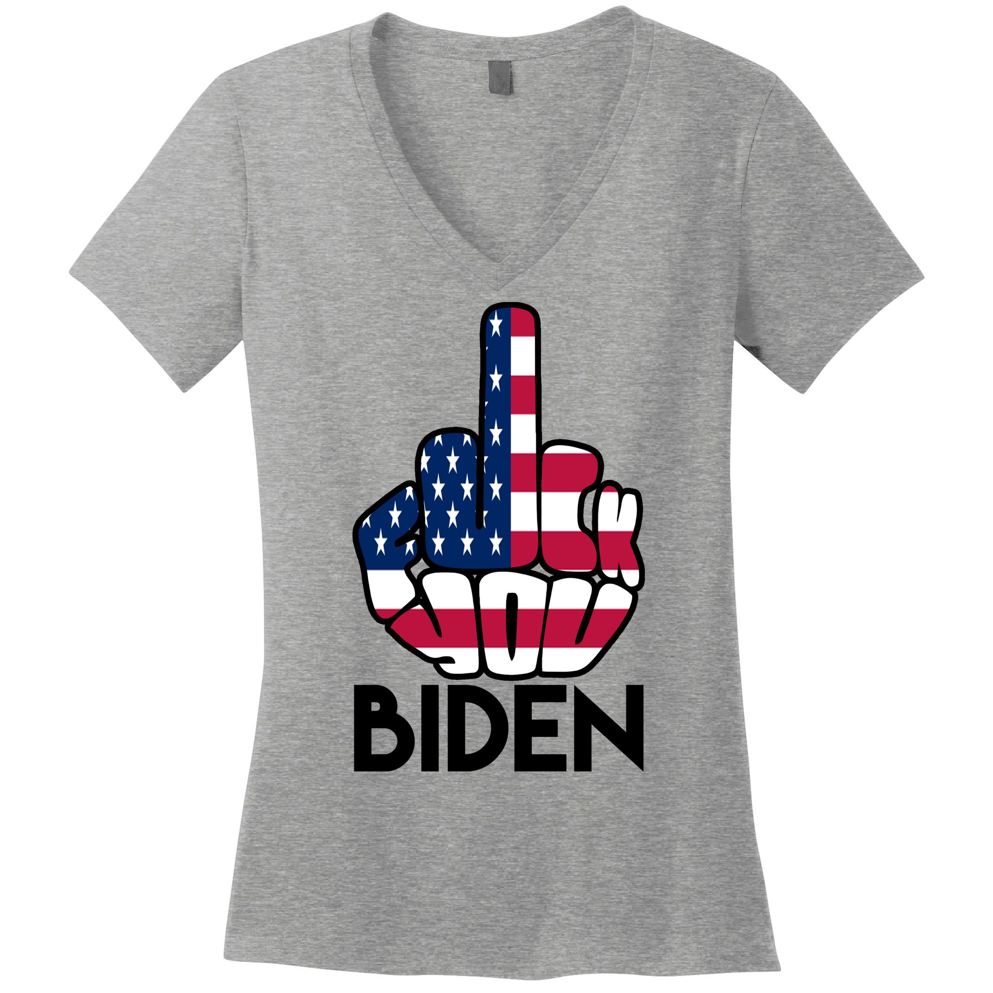 Fuck You Biden Middle Finger American Flag Women's V-Neck T-Shirt
