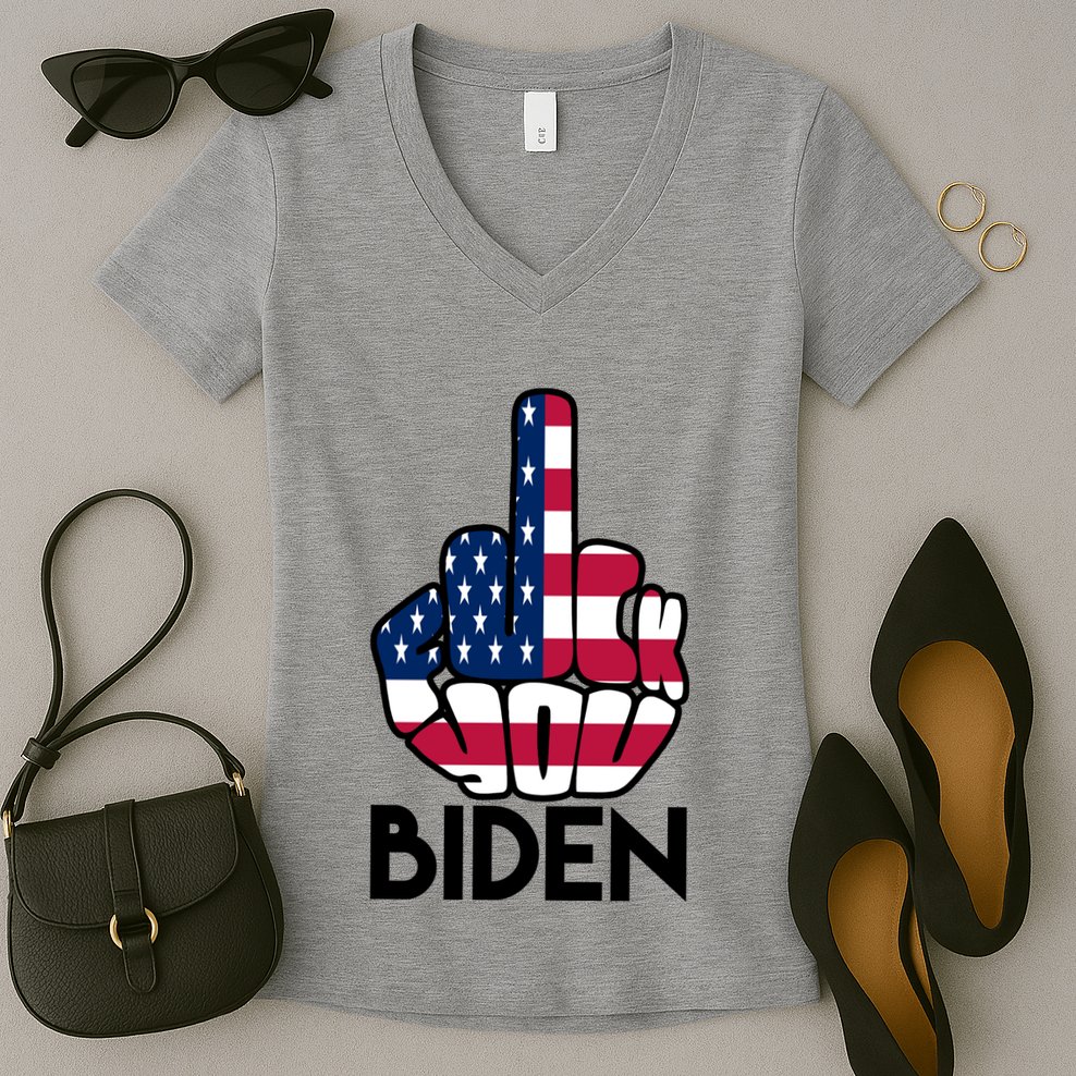 Fuck You Biden Middle Finger American Flag Women's V-Neck T-Shirt