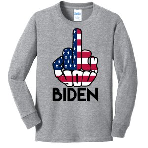 Fuck You Biden Middle Finger American Flag Kids Long Sleeve Shirt