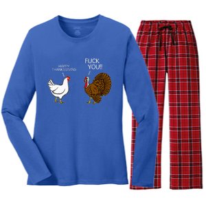 Fuck You Chicken Turkey Month Joke Humor Funny Thanksgiving Women's Long Sleeve Flannel Pajama Set 