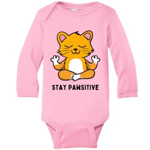 Funny Yoga Cat Stay Pawsitive Zen Joke Pun Yoga Lovers Gift Baby Long Sleeve Bodysuit