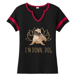 Funny Yoga Dog Pun Im Down Dog Spiritual Namaste Pug Lover Gift Ladies Halftime Notch Neck Tee