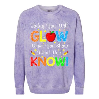 Funny You Glow Show What You Know Teacher Test Day Women Colorblast Crewneck Sweatshirt