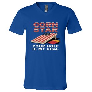 Funny Your Hole Is My Goal Design For Cornhole Game Lover Gift V-Neck T-Shirt