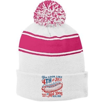 Funny You Look Like 4th Of July Hot Dog Wiener Stripe Pom Pom Beanie