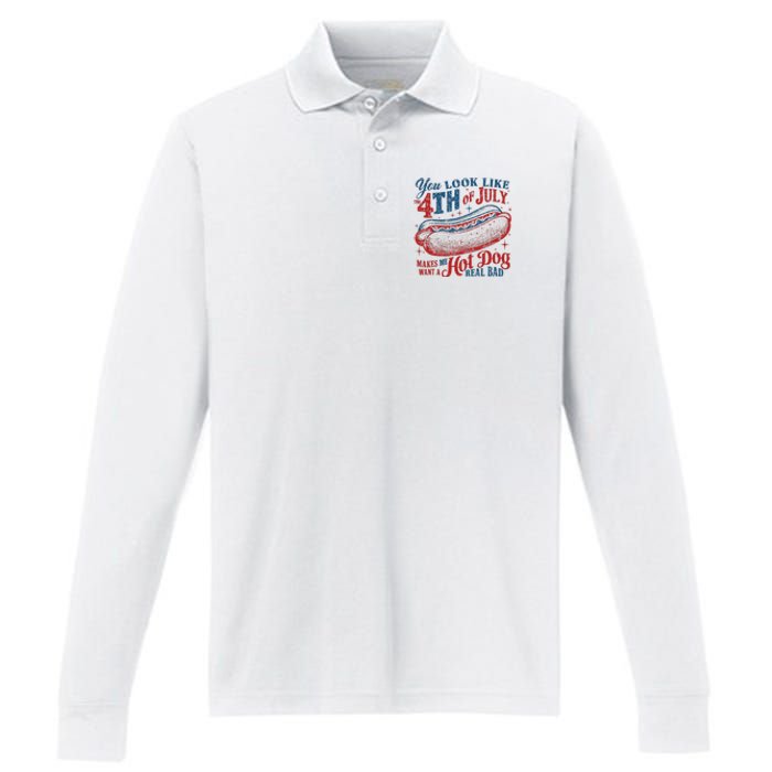 Funny You Look Like 4th Of July Hot Dog Wiener Performance Long Sleeve Polo