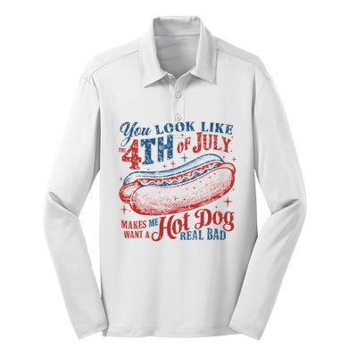 Funny You Look Like 4th Of July Hot Dog Wiener Silk Touch Performance Long Sleeve Polo