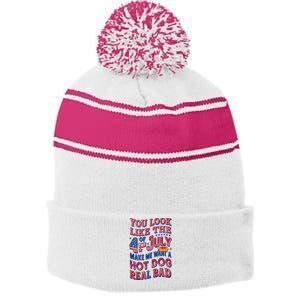 Funny You Look Like 4th Of July Hot Dog Wiener Stripe Pom Pom Beanie