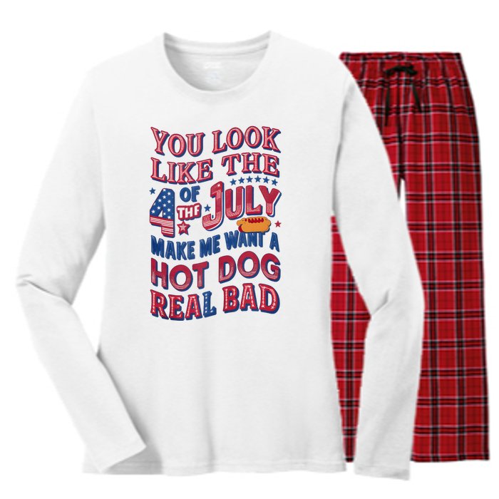 Funny You Look Like 4th Of July Hot Dog Wiener Women's Long Sleeve Flannel Pajama Set 