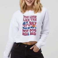 Funny You Look Like 4th Of July Hot Dog Wiener Cropped Pullover Crew
