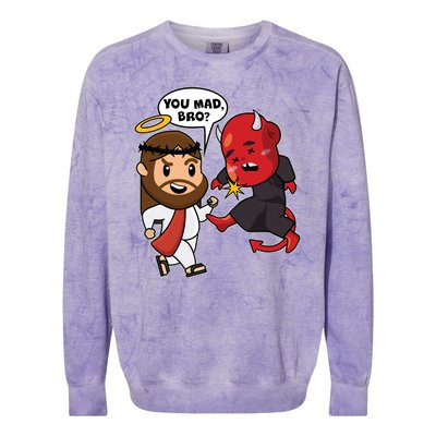 Funny You Mad Bro Jesus Vs Devil Colorblast Crewneck Sweatshirt