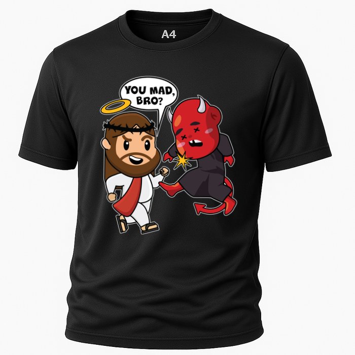 Funny You Mad Bro Jesus Vs Devil Cooling Performance Crew T-Shirt