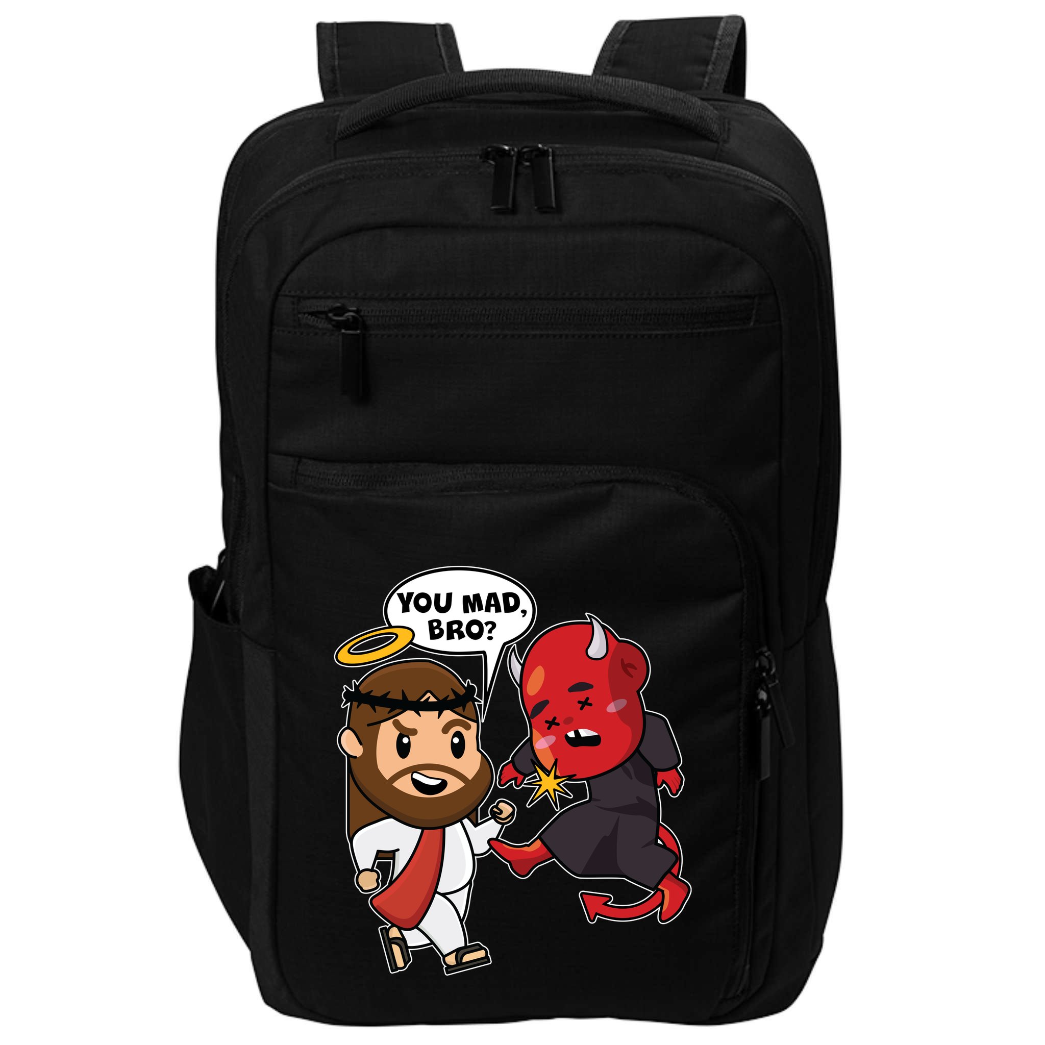 Funny You Mad Bro Jesus Vs Devil Impact Tech Backpack