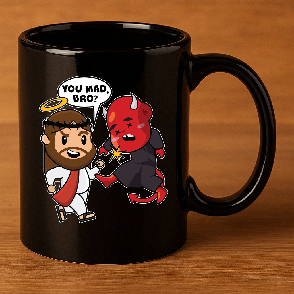 Funny You Mad Bro Jesus Vs Devil 11oz C Handle Ceramic Mug