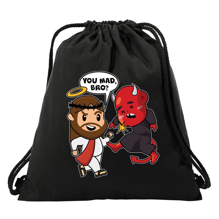 Funny You Mad Bro Jesus Vs Devil Drawstring Bag