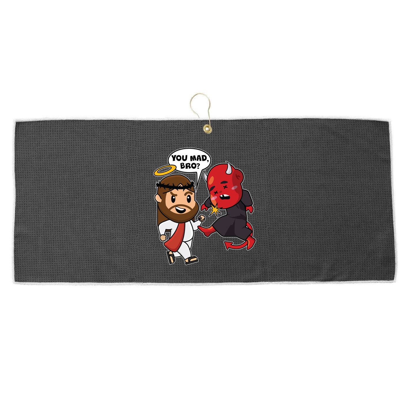 Funny You Mad Bro Jesus Vs Devil Large Microfiber Waffle Golf Towel