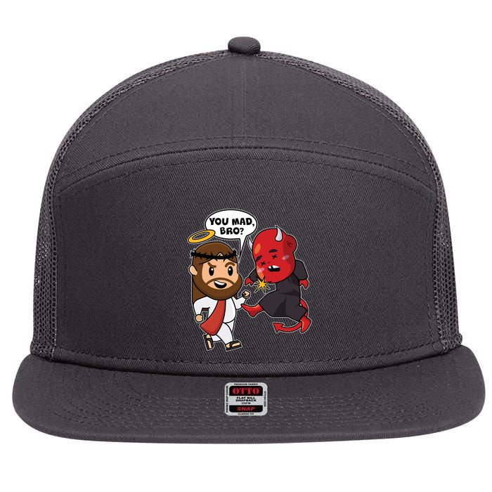 Funny You Mad Bro Jesus Vs Devil 7 Panel Mesh Trucker Snapback Hat