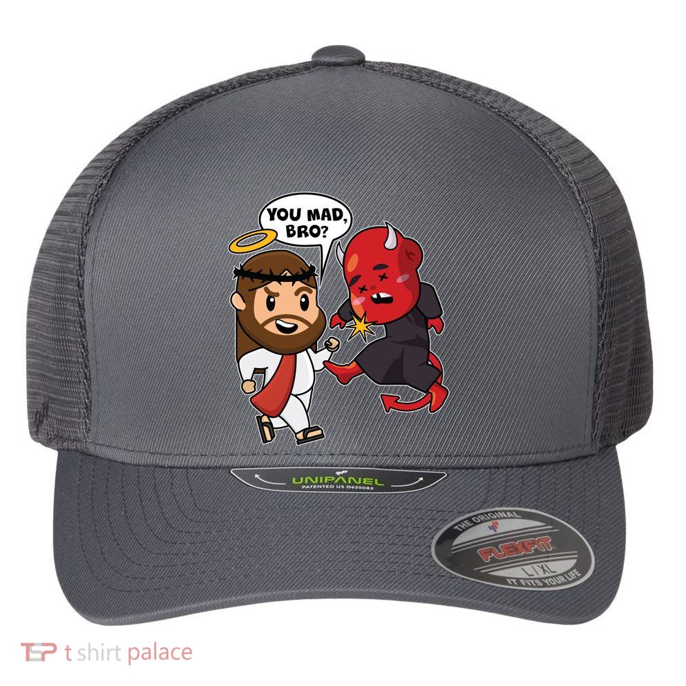 Funny You Mad Bro Jesus Vs Devil Flexfit Unipanel Trucker Cap