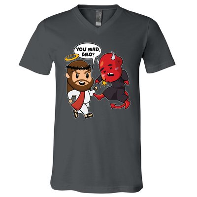 Funny You Mad Bro Jesus Vs Devil V-Neck T-Shirt