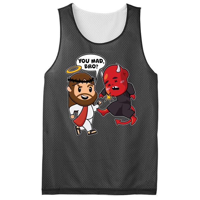 Funny You Mad Bro Jesus Vs Devil Mesh Reversible Basketball Jersey Tank